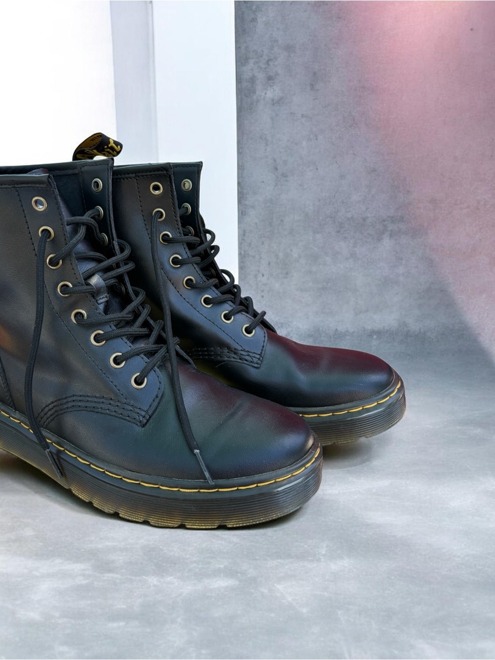Dr. Martens Black Leather Lace-Up Combat Boots with Yellow Stitching - Picture 2 of 3